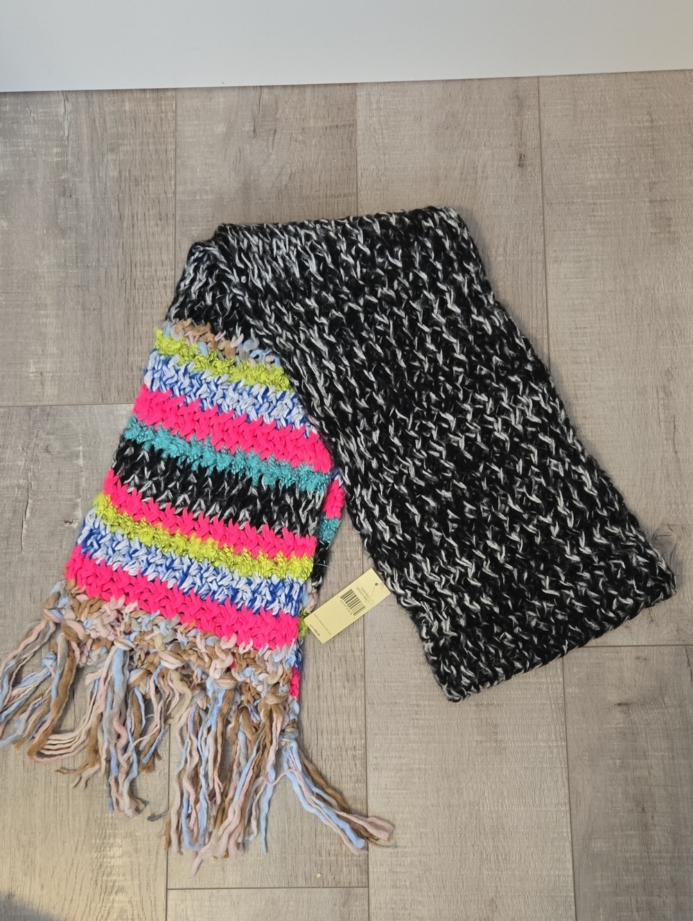 Two-Tone Knit Fringe Scarf with Neon Stripes